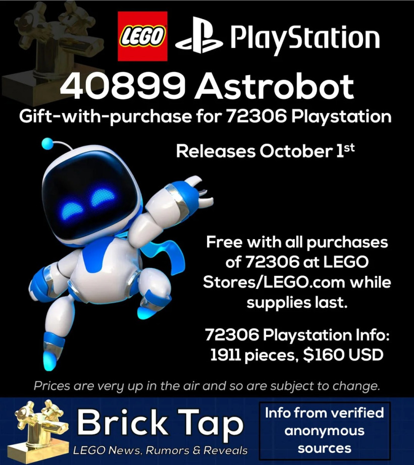 角子機：索尼 PlayStation 樂高套裝被曝 10 月 1 日發售，同步推出《宇宙機器人》贈品